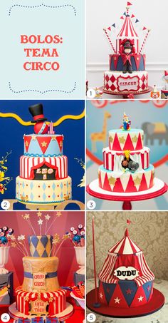 a collage of circus themed cakes and cupcakes