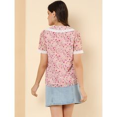 Take you from work to casual wear with this Allegra K shirt. In sweet floral prints, the lightweight and comfortable fabric is decorated with a lace trim and short sleeves. This short-sleeved shirt is enhanced by a cute floral and embroidered design and will be added right into your spring-summer wardrobe. A cute peter-pan-collar shirt is tailored with beautiful embroidery, a fresh flowered pattern, and a straight-cut silhouette. The button-down closure allows it to sit perfectly at the top of y Floral Print Peter Pan Collar Summer Top, Summer Lace Patchwork Short Sleeve Blouse, Summer Short Sleeve Blouse With Lace Patchwork, Feminine Short Sleeve Blouse With Lace Patchwork, Feminine Blouse With Lace Patchwork And Short Sleeves, Summer Blouse With Lace Patchwork And Short Sleeves, Spring Tops With Lace Collar And Short Sleeves, Spring Short Sleeve Shirt With Lace Trim, Summer Shirt With Lace Collar And Short Sleeves