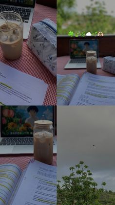 there are four pictures of an open book and a laptop on the table with coffee in it