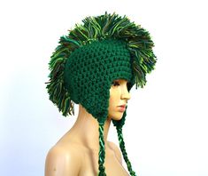 #green #accessories #etsy shop: Green Mohawk Ear Flap Warm Ski Hat Handmade Crochet Gift Statement Knits https://etsy.me/2qdDjQb #accessories #hat #green #rocker #mohawkhat #greenhat #winterhat #warmhat #wintertrends Crochet Boyfriend, Green Mohawk, Crochet Green, Statement Hat, Hippie Hair, Ski Hat, Festival Gear, Green Accessories, Crochet Gift