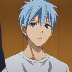 an anime character with blue hair and white shirt looking at the camera while standing in front of a wooden wall