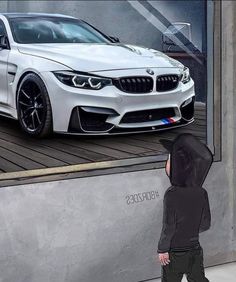 a person walking past a white bmw car