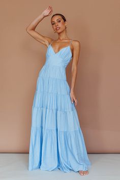 Chic Spring Strappy Maxi Dress, Light Blue Maxi Dress For Date Night, Solid Maxi Dress With Adjustable Straps, Blue Strappy Summer Dress, Solid Color Spaghetti Straps Maxi Dress For Spring, Solid Color Maxi Dress With Spaghetti Straps For Spring, Spring Party Strappy Maxi Dress, Solid Color Strappy Dress For Spring, Chic Light Blue Maxi Dress With Spaghetti Straps