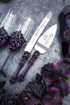 purple flowers and knifes with writing on them