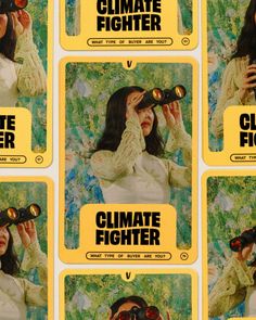 a woman looking through binoculars with the words climate fighter on it's back and yellow background