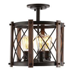 a light fixture with two lights on it's sides and an open cage design