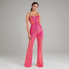 Olivia Mark - Chic and Sexy Shoulder-Baring Jumpsuit with Sequins, Slim Fit and Hip-Hugging Tube Top Jumpsuit, Look Formal, Sequin Jumpsuit, Bodycon Jumpsuit, Pink Jumpsuit, Rose Rouge, Straight Trousers, Flare Trousers, Jumpsuit Fashion