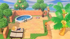 Animal Crossing Exterior, Animal Crossing Pool Area, Animal Crossing Home Ideas Exterior, Acnh Pool Area Ideas, Exterior Animal Crossing, Animal Crossing Home Exterior, Animal Crossing Pool, Animal Crossing Neighborhood Layout