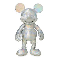 a silver mickey mouse toy is shown on a white background with an image of it's face and ears