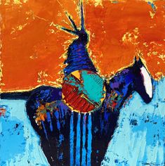 an abstract painting of a horse in blue and orange