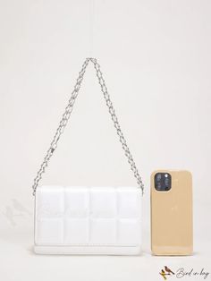 BirdinBag - Compact Textured Chain Flap Square Bag Chain Pattern, White Details, Square Bag, Bag Straps, Pu Leather, Color White, Chain, Square, Pattern