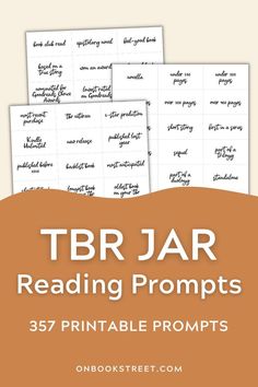 three printable tabs with the text tbr jar reading prompts on them