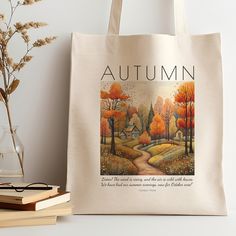 "Embrace the cozy vibes of fall with this beautiful tote bag. This literature-inspired canvas library tote is a must-have for book lovers and reading teachers. Featuring a charming autumn landscape and a literature quote, it's perfect for carrying your favorite reads or groceries. Get ready for a literary autumn adventure! 🍂 ♥ See more from our Fall Collection https://etsy.me/3r6H892  ♥ See more from Tote Bags here https://etsy.me/3lj676q ♥ Visit our Store Front https://etsy.me/3hytNvI  WHAT YO Brown Canvas Bag For Fall, Brown Cotton Bags For Fall, Fall Cotton Travel Bag, Fall Travel Canvas Tote Bag, Fall Travel Cotton Bag, Fall Beige Canvas Bag, Fall Canvas Tote Bag For Daily Use, Cheap Bookish Canvas Bag For Everyday Use, Tote Bag Ideas