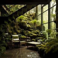 a room filled with lots of plants next to a stairway covered in mossy steps