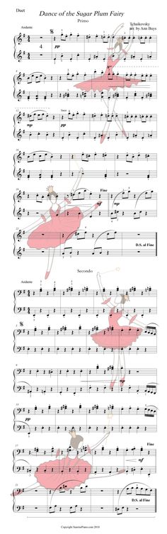 sheet music with pink birds on it and the words in red are all over them