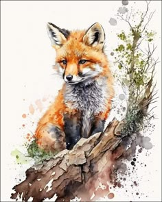 a painting of a red fox sitting on top of a tree branch in watercolor