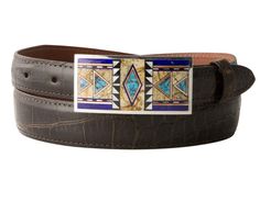 Intricate stone inlay buckle handcrafted in the Gallup, New Mexico studios of B G Mudd. The B G Mudd studios feature three generations of Native American stone workers, none of whom have less than 20 years experience in inlay and silver-work. Each gemstone in this beautiful inlay buckle is hand-cut and set in sterling silver. Tom Taylor buckles and handmade leather belt straps are sold separately. Gallup New Mexico, Tom Taylor, Alligator Belt, Custom Leather Belts, Handmade Leather Belt, Leather Belt Bag, Stone Inlay, Silver Work, Leather Belts