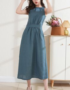 This linen long dress is Made from breathable and soft linen. Its relaxed and flowing silhouette is great for those days when you want to feel cozy and careless. It is ideal for daily wear, party, travel, work, school, indoors and outdoor walks, spending time with family, shopping, etc.The dress is exceptionally comfortable and soft. DETAIL - 100% linen, soft washed - Medium weight linen - Two side seam pockets - Relaxed fit - Concealed Back zip closure - No lining, Don't see through - Perfect for a summer, Spring Choose CUSTOM Order if you * Need a better fit * Can't find your size in our size Chart * Change the Style * Chang the Length We do make custom made clothes.  Just let us know your measurements of your body bust: inches waist：inches hips ：inches height：inches preferred length inc Linen Long Dress, Blue Sleeveless Casual Linen Dress, Fitted Blue Linen Dress, Fitted Blue A-line Linen Dress, Relaxed Fit Blue Linen Knee-length Dress, Simple Linen Dress, Blue Linen A-line Maxi Dress, Simple Frock Design, Blue Linen Dress