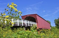 a red covered bridge with yellow flowers in the foreground and blue sky above it