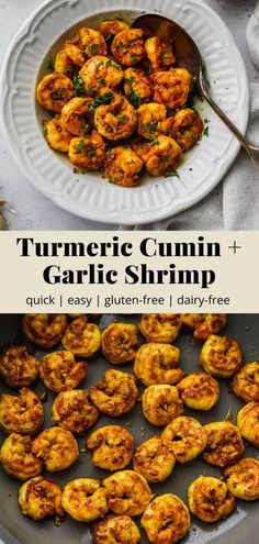 the recipe for tumerice cumin and garlic shrimp is shown on a white plate