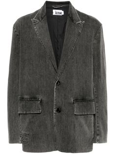 anthracite grey cotton blend denim peak lapels front button fastening drop shoulder buttoned cuffs two front flap pockets straight hem Denim Blazer, Peak Lapel, Grey Blazer, Mens Outerwear, Grey Cotton, Flap Pocket, Outerwear Jackets, Drop Shoulder, Denim Jacket