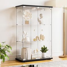 a glass display case with books and vases on it's sides in a living room