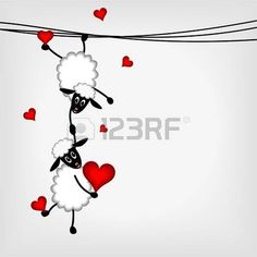 two sheep are hanging on a wire with hearts