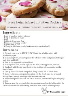 a recipe for rose petal infused nutrition cookies on a white plate with pink flowers