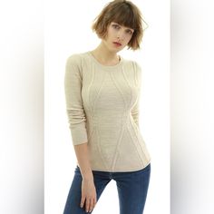 Never Worn, Xs, Slim Fit Beige Fitted Crew Neck Sweater, Fitted Beige Crew Neck Sweater, Winter Pointelle Knit Crew Neck Top, Fitted Beige Cable Knit Top, Winter Cream Crew Neck Knit Top, Cream Crew Neck Knit Top For Winter, Winter Crew Neck Pointelle Knit Top, Beige Textured Knit Crew Neck Top, Cream Fitted Cable Knit Top