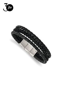 Black IP-plating over stainless steel multi-strand black leather bracelet with brushed and polished finish. Measures approximately 8"L x 11/16"W + 1/2" extension and has a magnetic clasp. Adjustable Stainless Steel Magnetic Jewelry, Black Leather Bracelet With Magnetic Closure As Gift, Black Magnetic Leather Bracelet As Gift, Magnetic Black Leather Bracelet Gift, Black Leather Magnetic Bracelet Gift, Black Leather Magnetic Bracelet As A Gift, Modern Black Magnetic Jewelry, Black Magnetic Metal Bracelets, Black Bracelets With Magnetic Closure As Gift