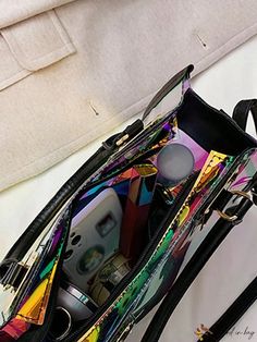 BirdinBag - Holographic Silver Square Bag with Double Handles - Chic and Trendy Multicolor Top Handle Bag With Zipper Closure, Multicolor Party Bag With Zipper Closure, Square Bag Pattern, Silver Accents, Square Bag, Bag Pattern, 4 Inch, Handles, Bag Lady