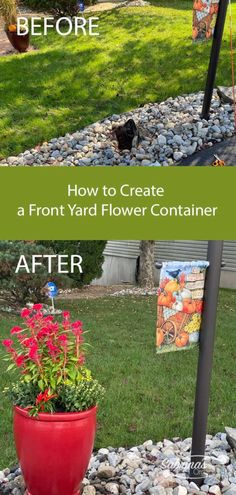 the before and after pictures of a flower container in front of a house with rocks