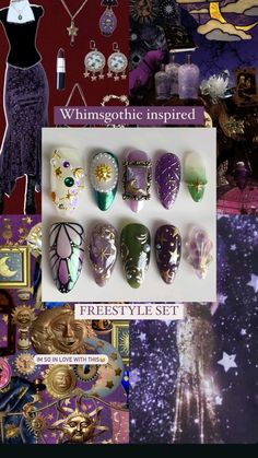 made by @cybergalz.nails on Instagram Whimsigoth Nails Acrylic, 90s Whimsigoth Nails, Whimsigoth Nails Short, Hexcore Nails, Whimsigothic Nails, Crystal Ball Nails, Trinket Nails, Intricate Nail Art