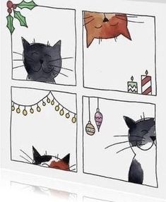 a cat is looking out the window at another cat and christmas decorations hanging from it