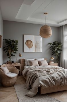 a bedroom with grey walls and wooden floors