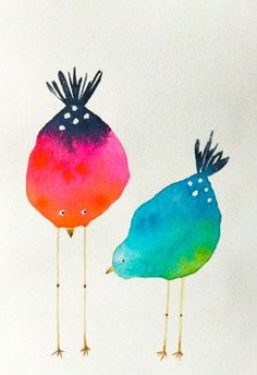 two colorful birds are standing next to each other on a white surface with watercolor paint