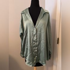 Never Worn Zara Satin Button Down. Light Green. Xxl. Such A Cute Shirt To Dress Up Or Down. Pearl Like Buttons. Oversized V-neck Blouse With Button Closure, Green Button-up Blouse For Night Out, V-neck Shirt With Button Closure For Night Out, Chic Blouse With Button Closure For Loungewear, Zara Green Blouse With Buttons, Chic Blouse With Buttons For Loungewear, Collared Blouse With Button Closure For Loungewear, Oversized Zara Top With Button Closure, Oversized Loungewear Blouse With Button Closure