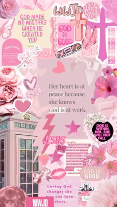 a collage with pink flowers, hearts and other things in the background that say god made