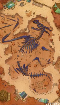 a large blue dinosaur skeleton on top of a map