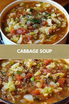 cabbage soup in a white bowl on top of a wooden table next to another bowl filled with vegetables