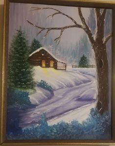 a painting of a snowy scene with a barn and tree