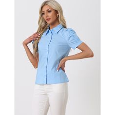 Check out this stylish button-down shirt with a pointed collar, full placket, and puff short sleeves. It's made of lightweight, soft cotton fabric that drapes beautifully and ensures all-day comfort. The short puff sleeves add a feminine touch and detail to any workwear look. Pair this versatile shirt with shorts, work pants, or casual jeans for a chic office ensemble. Short Sleeve Shirt With Rolled Sleeves For Office, Office Shirt With Rolled Short Sleeves, Puff Sleeve Shirt For Work, Solid Short Sleeve Blouse For Business Casual, Short-sleeved Office Shirt With Button Cuffs, Classic Puff Sleeve Shirt With Button Closure, Solid Short Sleeve Shirt With Button Closure For Spring, Puff Sleeve Shirt With Button Closure For Work, Cotton Puff Sleeve Shirt With Button Cuffs