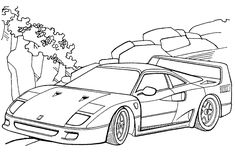 a drawing of a sports car with luggage on the roof, and trees in the background