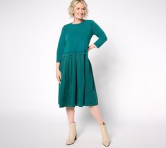 Usher in a new season of style in this sun-faded dress that boasts a lovely autumnal hue. This fashionable frock goes well with a pair of leather ankle booties, an ideal ensemble for casual outings or weekend get-togethers. From LOGO by Lori Goldstein®. Crewneck Dress, Teal Green, Ankle Booties, Dress Skirt, Fashion Dresses, Crew Neck, ? Logo, Dresses