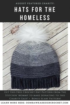 a knitted hat with white fur pom - pom on top and the words hats for the homeless written below it