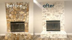 before and after pictures of a stone fireplace in an empty room with wood flooring