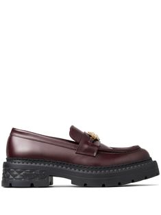 burgundy calf leather smooth grain gold-tone hardware moc stitching round toe branded leather insole chunky rubber sole slip-on style Jimmy Choo Men, Oxblood Leather, Mens Designer Shoes, Sneaker Dress Shoes, Leather Trainers, Color Rojo, Jimmy Choo Shoes, Espadrille Shoes, Party Shoes