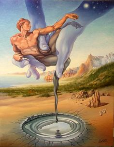 a painting of a man diving into a pool of water