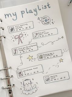 an open notebook with doodles on it and the words, my playlist written in cursive writing