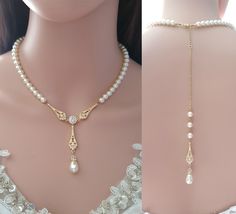 two pictures of the back of a woman's neck with pearls and diamonds on it